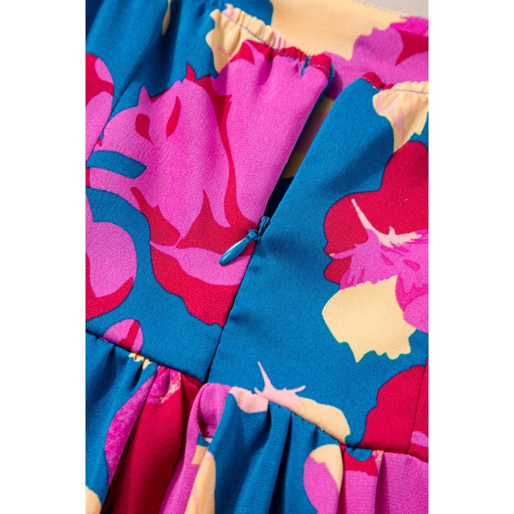CLEARANCE! Blue Floral Bubble Sleeve Flowy Back Zip Square Neck Midi Dress! - Picture 9 of 11